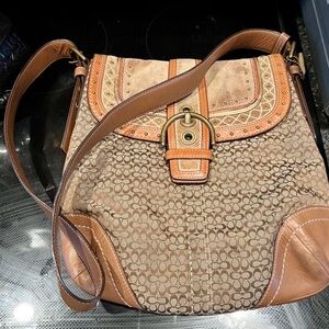 Coach Brown Signature Canvas Backpack with Tan Leather Trim